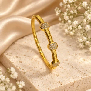 Korean gold twin oval stone kada bracelet, stainless steel, anti-tarnish