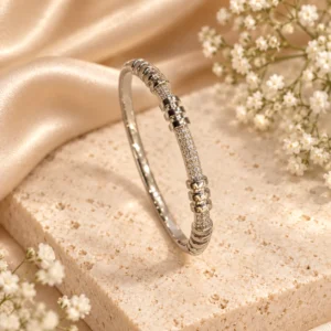 Korean silver ribbed stone kada bracelet, stainless steel, anti-tarnish