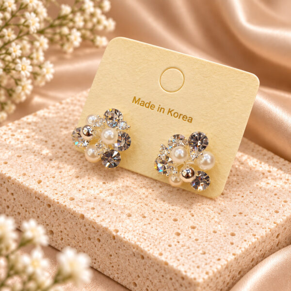 Korean Pearl Crystal Floral Cluster Stud Earrings, anti-tarnish earrings, made in Korea
