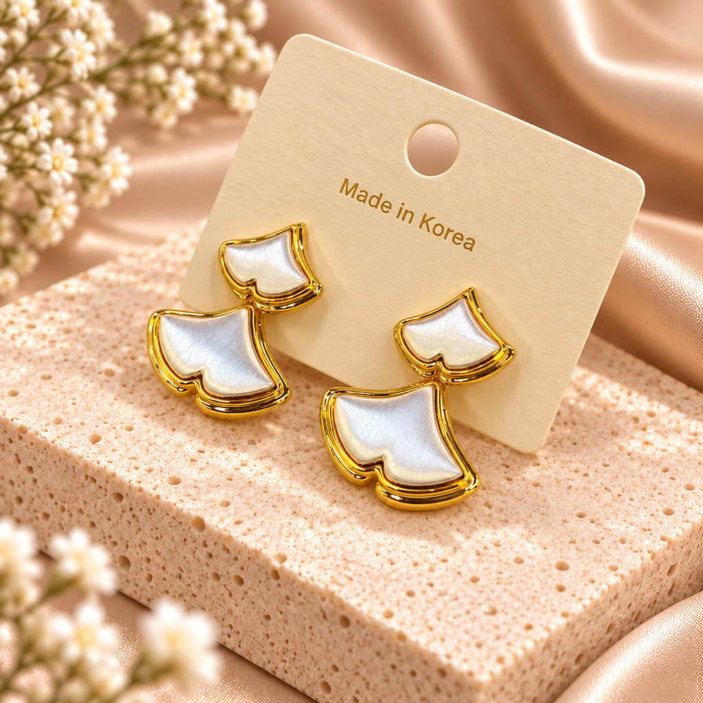 Korean Gold Mother of Pearl Ginkgo Leaf Earrings, anti-tarnish earrings, made in Korea