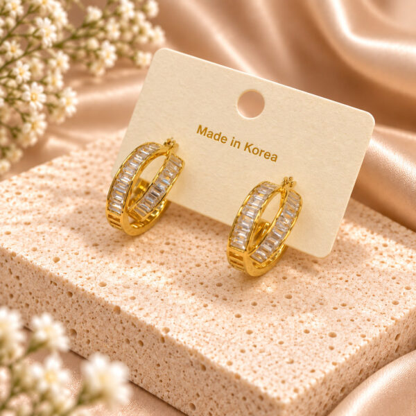 Korean Gold Baguette Crystal Hoop Earrings, anti-tarnish earrings, made in Korea