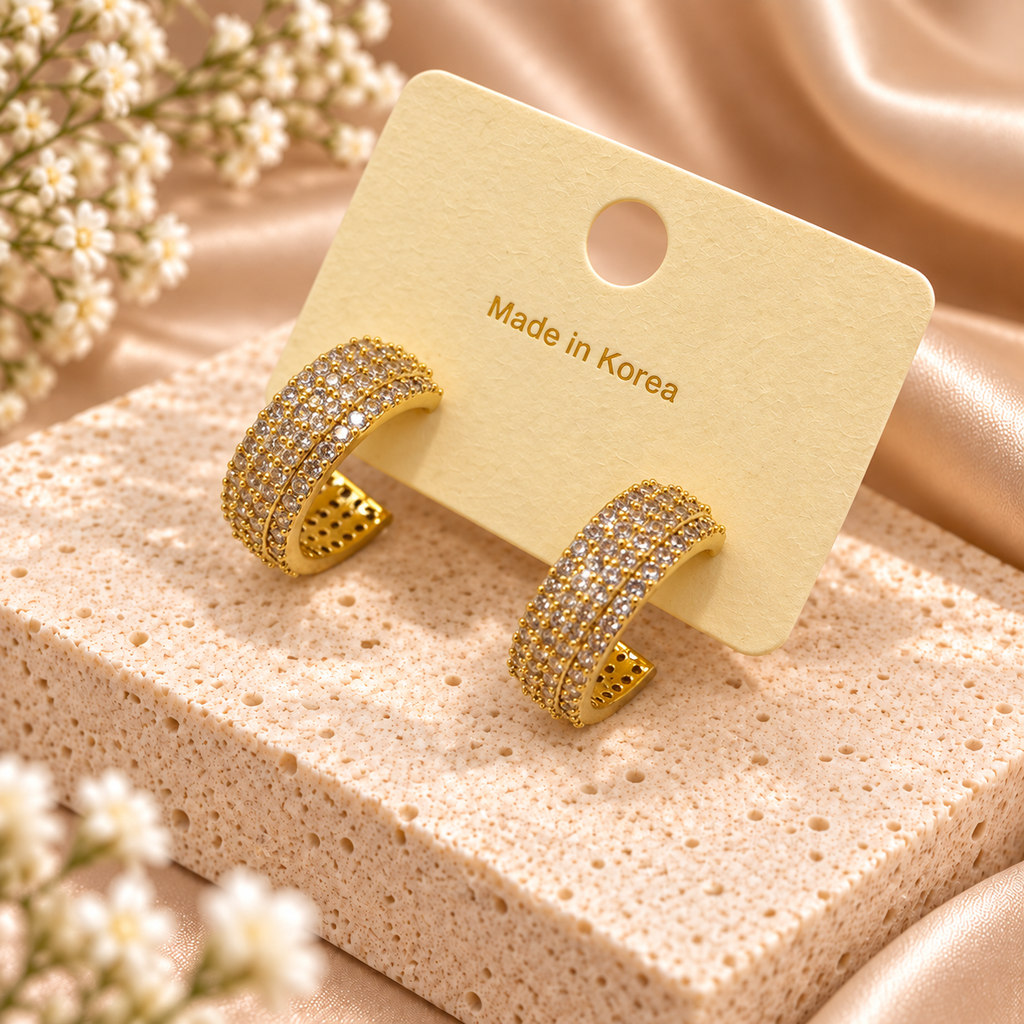 Korean Gold Pave Crystal Wide Hoop Earrings, anti-tarnish earrings, made in Korea