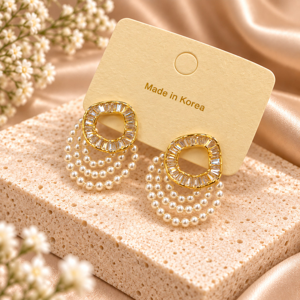 Korean Gold Pearl Fringe Crystal Drop Earrings, anti-tarnish earrings, made in Korea
