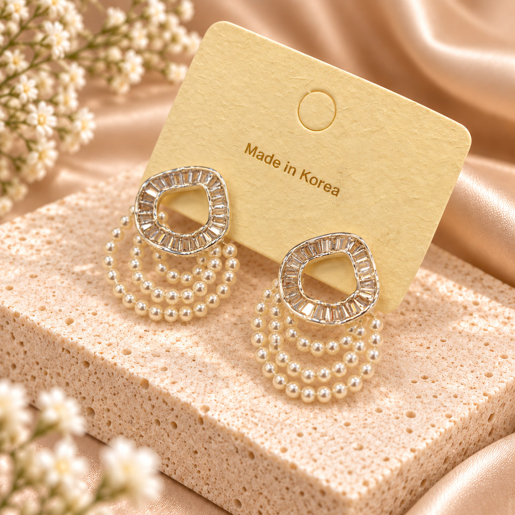 Korean Silver Pearl Fringe Crystal Drop Earrings, anti-tarnish earrings, made in Korea