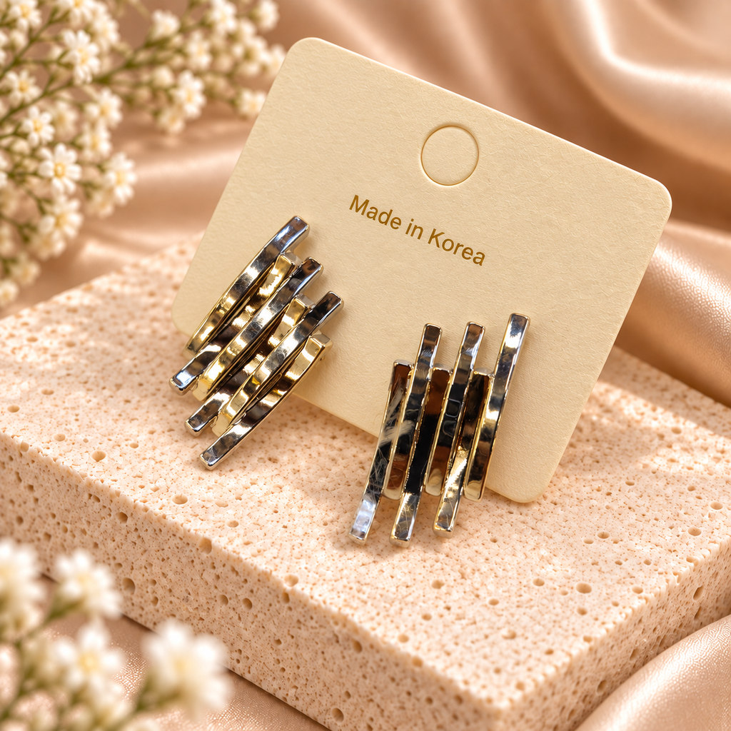 Korean Silver Wave Bar Statement Earrings, anti-tarnish earrings, made in Korea