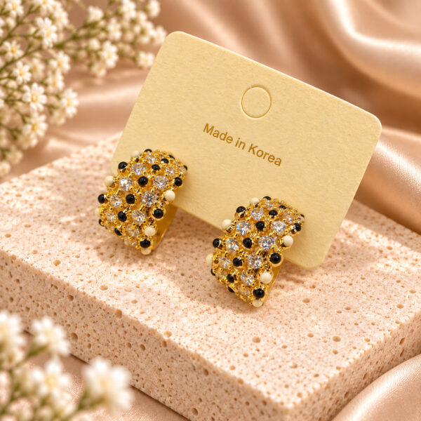Korean Gold Black Pearl Crystal Chunky Hoop Earrings