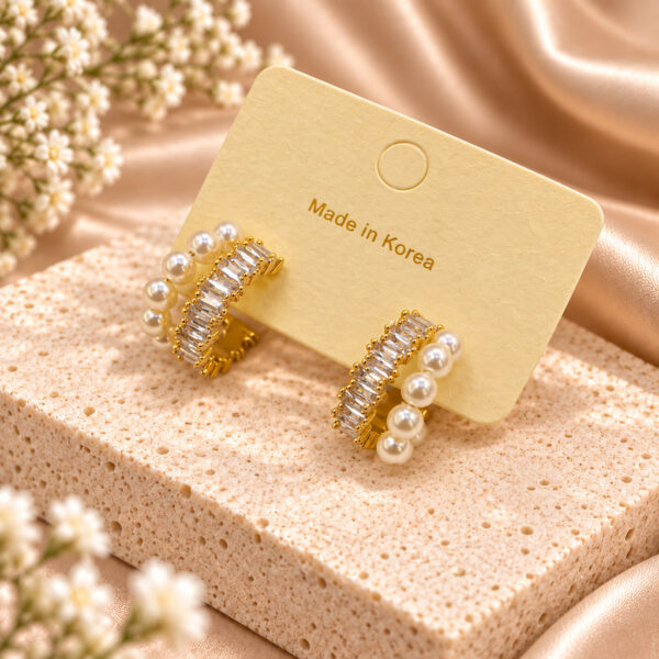 Korean Gold Pearl Baguette Crystal Hoop Earrings, anti-tarnish earrings, made in Korea