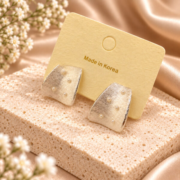 Korean Silver Brushed Pearl Square Stud Earrings