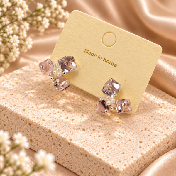 Korean Pink Crystal Pearl Flower Stud Earrings