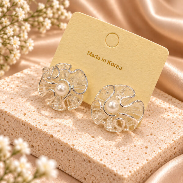 Korean Silver Ruffle Flower Pearl Stud Earrings