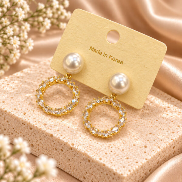 Korean Pearl Top Crystal Circle Drop Earrings