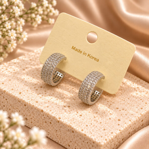 Korean Silver Pave Crystal Wide Hoop Earrings