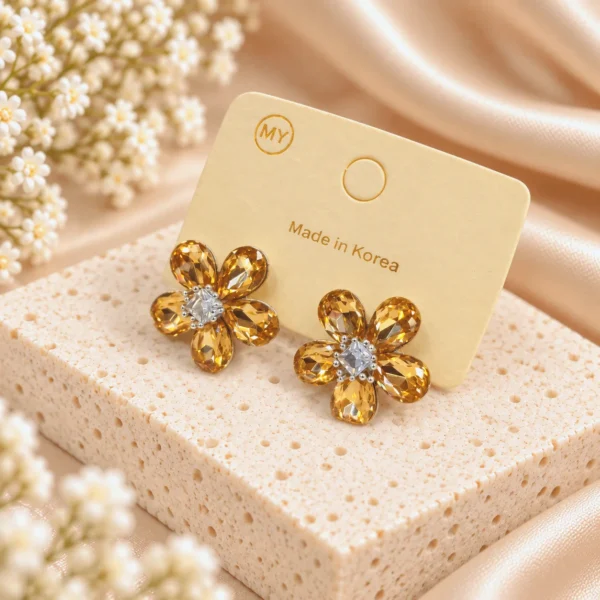 Korean Champagne Crystal Flower Stud Earrings, anti-tarnish silver plated earrings, made in Korea