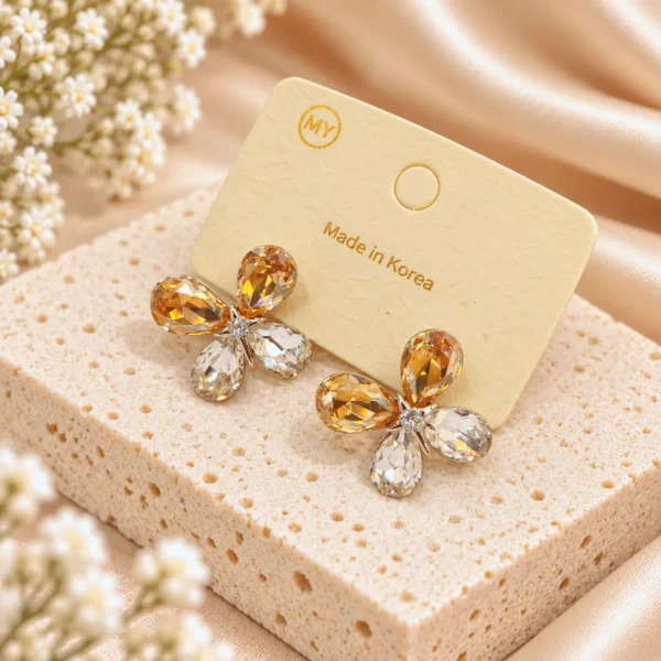 Korean Champagne Crystal Teardrop Butterfly Stud Earrings, anti-tarnish silver plated earrings, made in Korea
