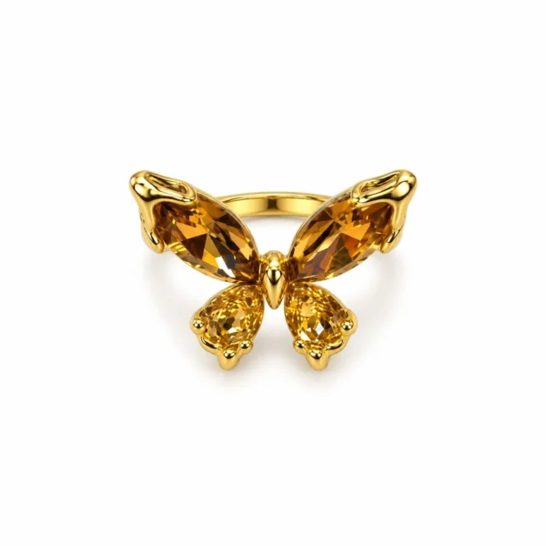 Korean Gold Amber Crystal Butterfly Adjustable Ring