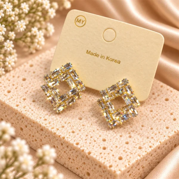 Korean Gold Baguette Crystal Square Stud Earrings, anti-tarnish gold plated earrings, made in Korea