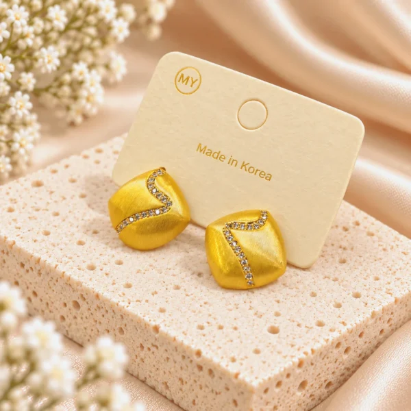 Korean Gold Brushed Zircon Wave Stud Earrings