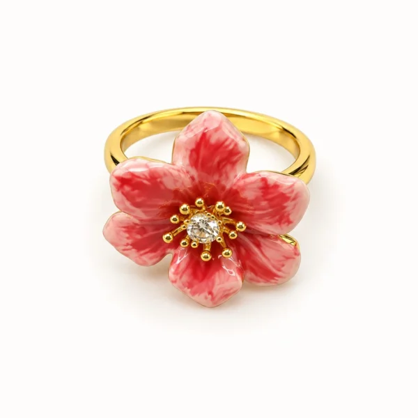 Korean Gold Coral Pink Enamel Flower Adjustable Ring