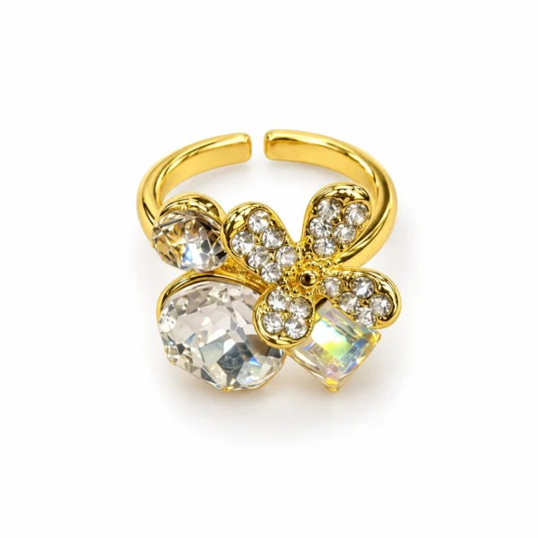 Korean Gold Crystal Flower Cluster Open Adjustable Ring