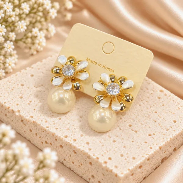 Korean Gold Flower Pearl Drop Earrings, anti-tarnish gold plated earrings, made in Korea