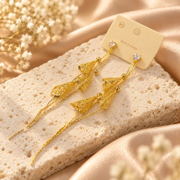 Korean Gold Hanging Filigree Flower Chain Tassel Earrings, anti-tarnish gold plated earrings, made in Korea