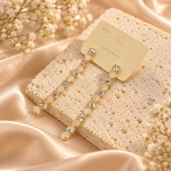 Korean Gold Hanging Milky Stone Zircon Drop Earrings, anti-tarnish gold plated earrings, made in Korea