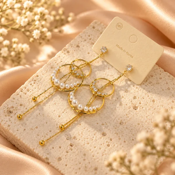 Korean Gold Hanging Pearl Double Hoop Ball Drop Earrings, anti-tarnish gold plated earrings, made in Korea
