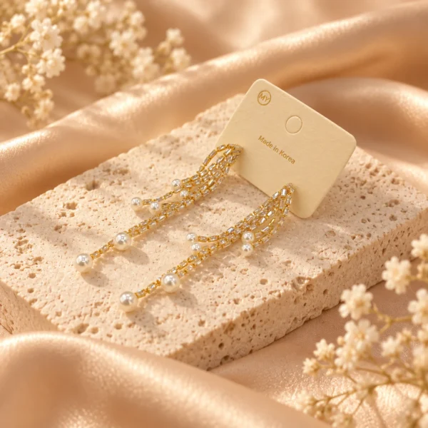 Korean Gold Hanging Pearl Zircon Mesh Tassel Earrings, anti-tarnish gold plated earrings, made in Korea