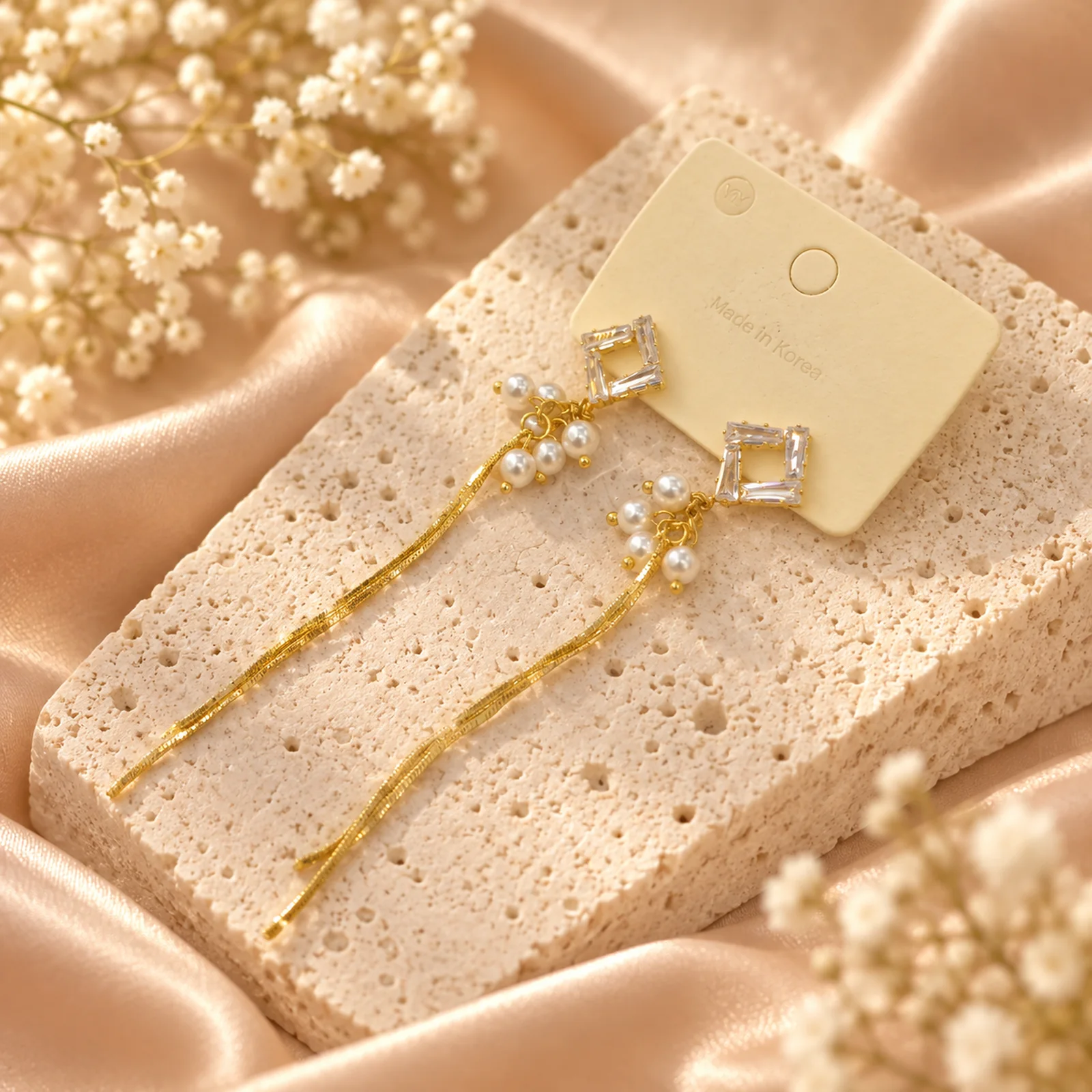 Korean Gold Hanging Pearl Zircon Square Chain Tassel Earrings, anti-tarnish gold plated earrings, made in Korea