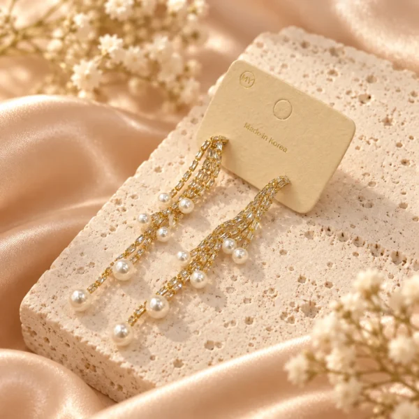 Korean Gold Hanging Pearl Zircon Tassel Earrings, anti-tarnish gold plated earrings, made in Korea