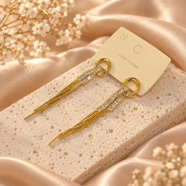 Korean Gold Hanging Twist Ring Baguette Zircon Tassel Earrings, anti-tarnish gold plated earrings, made in Korea