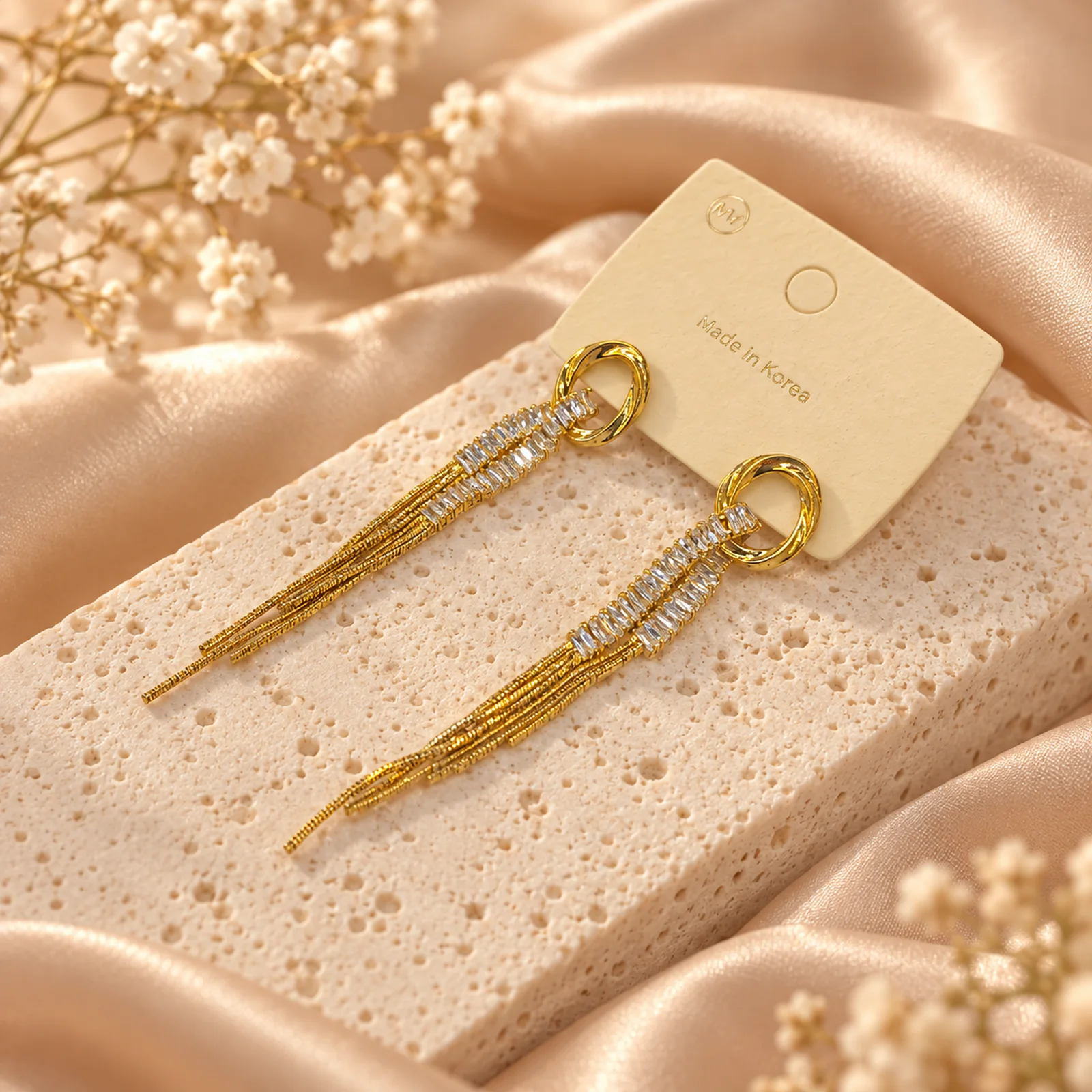 Korean Gold Hanging Twist Ring Baguette Zircon Tassel Earrings, anti-tarnish gold plated earrings, made in Korea