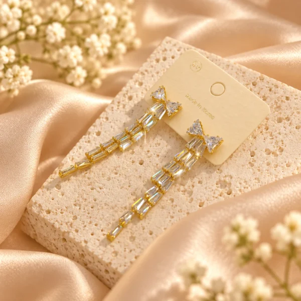Korean Gold Hanging Zircon Bow Baguette Tassel Earrings, anti-tarnish gold plated earrings, made in Korea