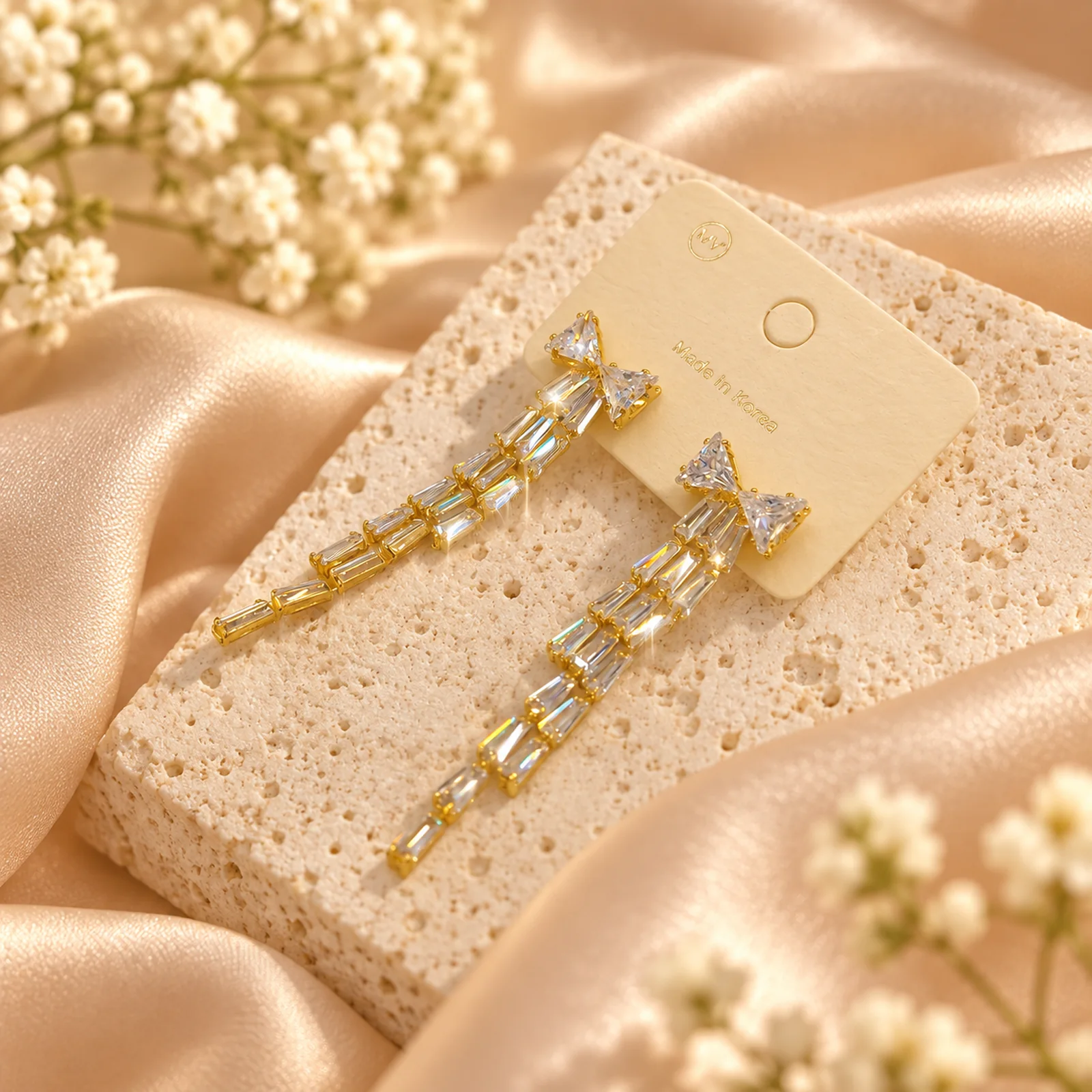 Korean Gold Hanging Zircon Bow Baguette Tassel Earrings, anti-tarnish gold plated earrings, made in Korea