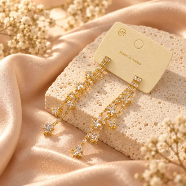 Korean Gold Hanging Zircon Star Flower Tassel Earrings, anti-tarnish gold plated earrings, made in Korea