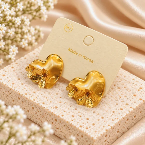 Korean Gold Heart Flower Stud Earrings, anti-tarnish gold plated earrings, made in Korea