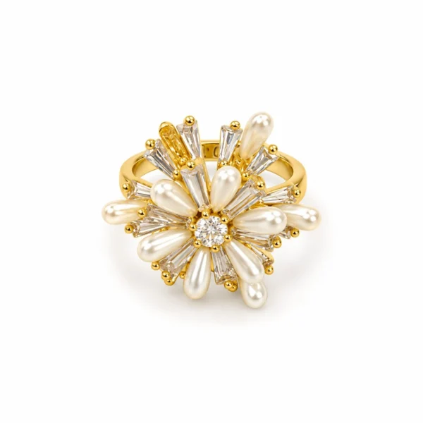 Korean Gold Pearl Baguette Zircon Flower Adjustable Ring
