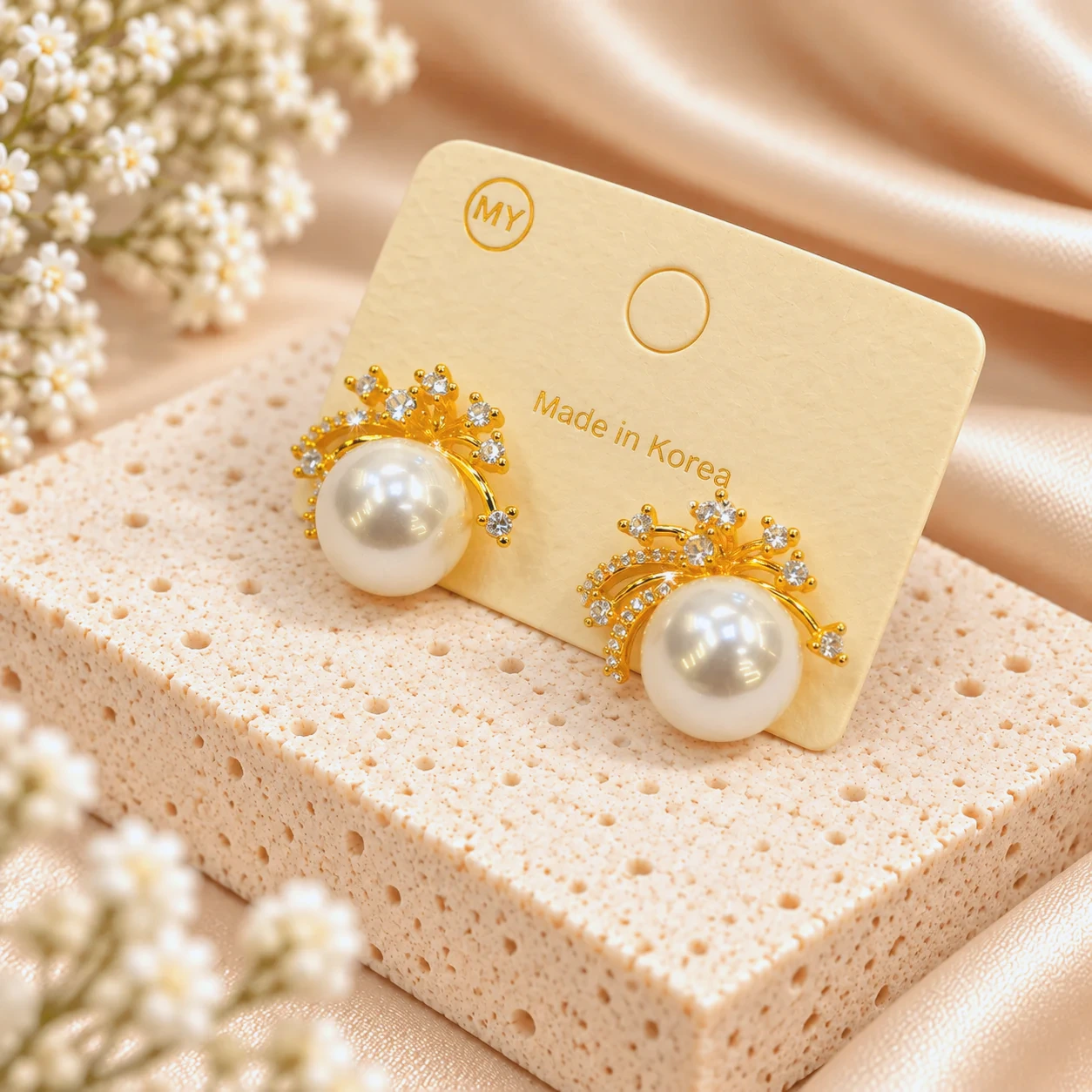 Korean Gold Pearl Sparkle Burst Stud Earrings, anti-tarnish gold plated earrings, made in Korea