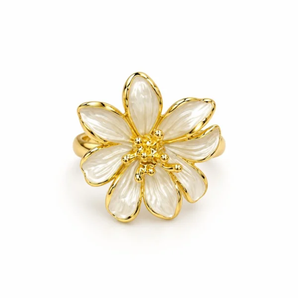 Korean Gold Pearl White Daisy Flower Adjustable Ring