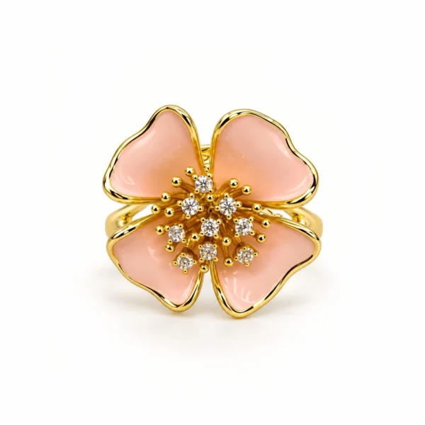 Korean Gold Pink Enamel Flower Zircon Adjustable Ring