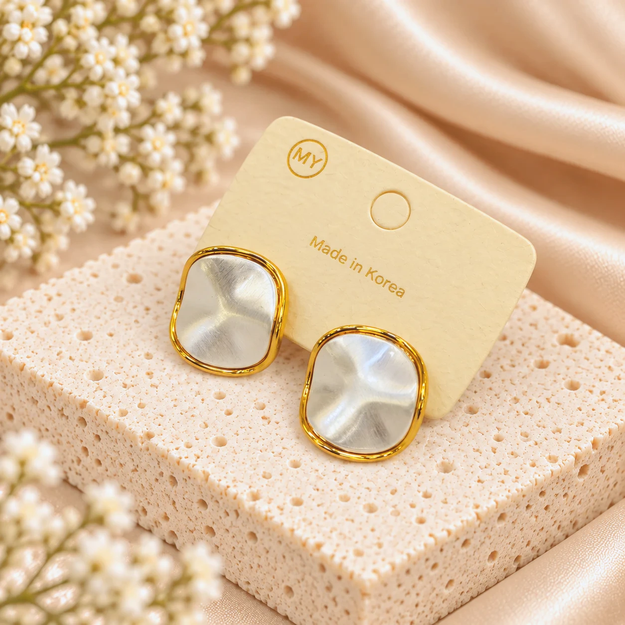 Korean Gold Rim Silver Mirror Square Stud Earrings, anti-tarnish gold and silver plated earrings, made in Korea