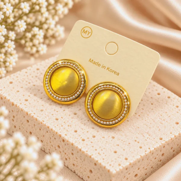 Korean Gold Round Beaded Rim Stud Earrings, anti-tarnish gold plated earrings, made in Korea