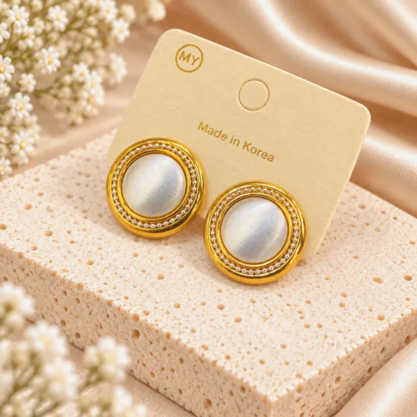 Korean Gold Round Satin White Stone Stud Earrings, anti-tarnish gold plated earrings, made in Korea
