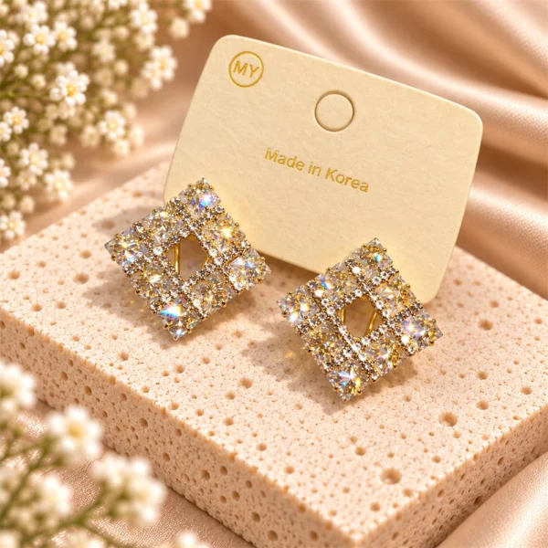 Korean Gold Sparkle Crystal Square Stud Earrings
