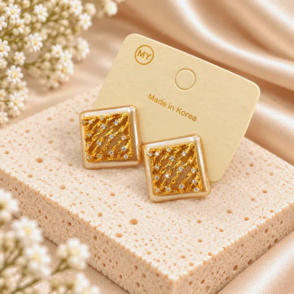 Korean Gold Square Crystal Lattice Stud Earrings, anti-tarnish gold plated earrings, made in Korea