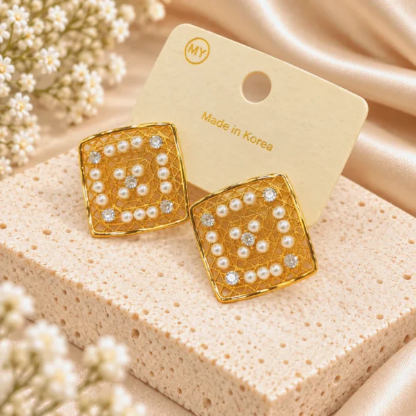Korean Gold Square Pearl Crystal Lattice Stud Earrings
