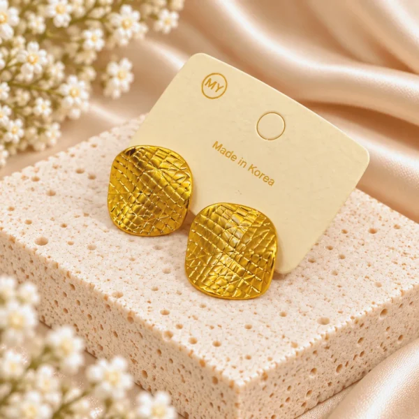 Korean Gold Textured Square Stud Earrings, anti-tarnish gold plated earrings, made in Korea