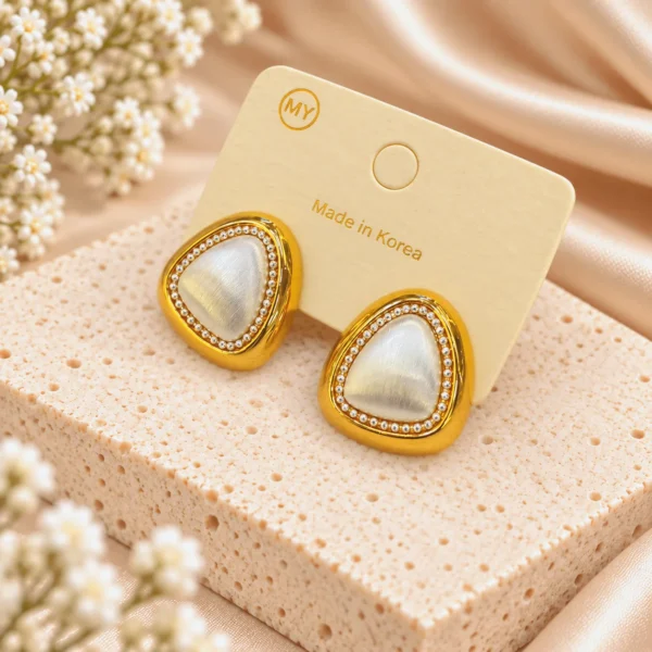 Korean Gold Triangle Satin White Stone Stud Earrings, anti-tarnish gold plated earrings, made in Korea