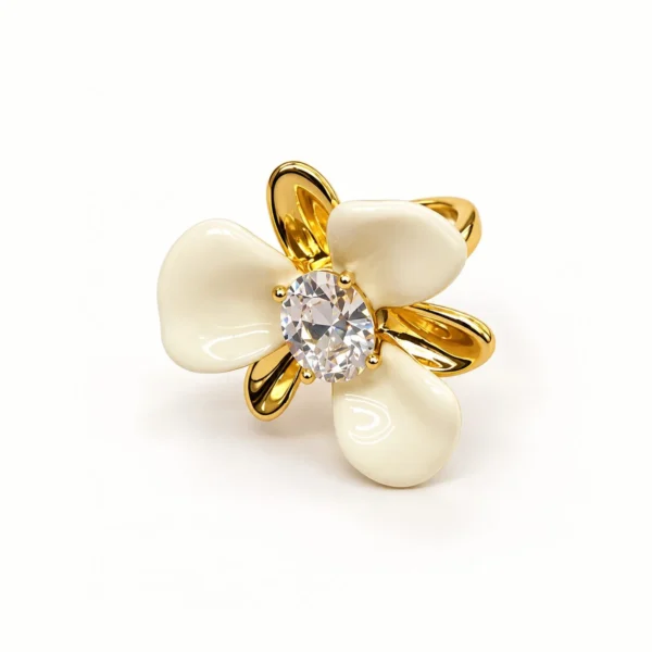 Korean Gold White Enamel Flower Zircon Adjustable Ring, anti-tarnish gold plated adjustable ring, made in Korea