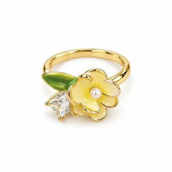 Korean Gold Yellow Flower Leaf Pearl Adjustable Ring